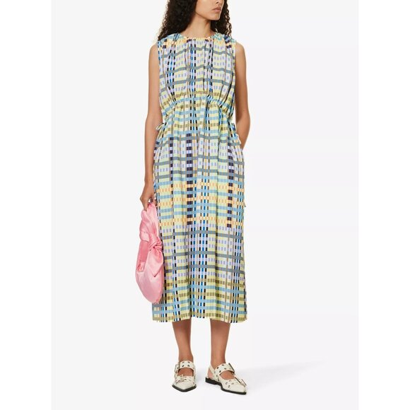 NEW STINE GOYA DRESS WOMENS XS ROWENA CHECK-PATTERN MIDI STRETCH RECYCLED POLYES - Picture 1 of 7